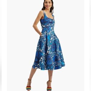 La DoubleJ Sophia Dress Anemone Blue White Floral Midi Dress Square Neck Large